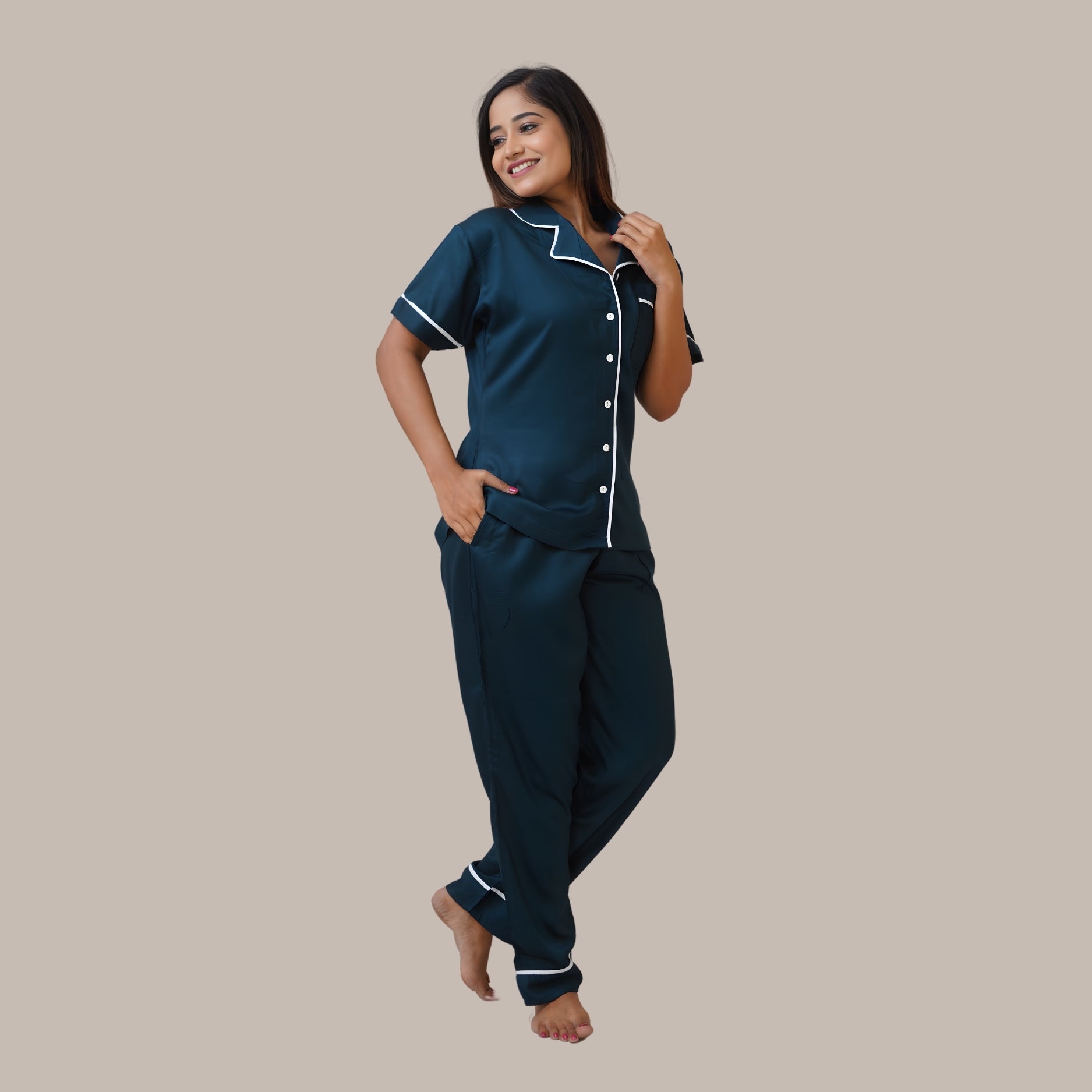 Bamboo Silk Luxe Night Suit | Cosy Teal