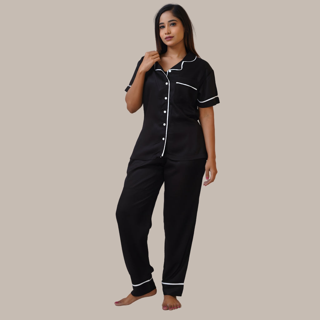 Bamboo Silk Luxe Night Suit | Midnight Black