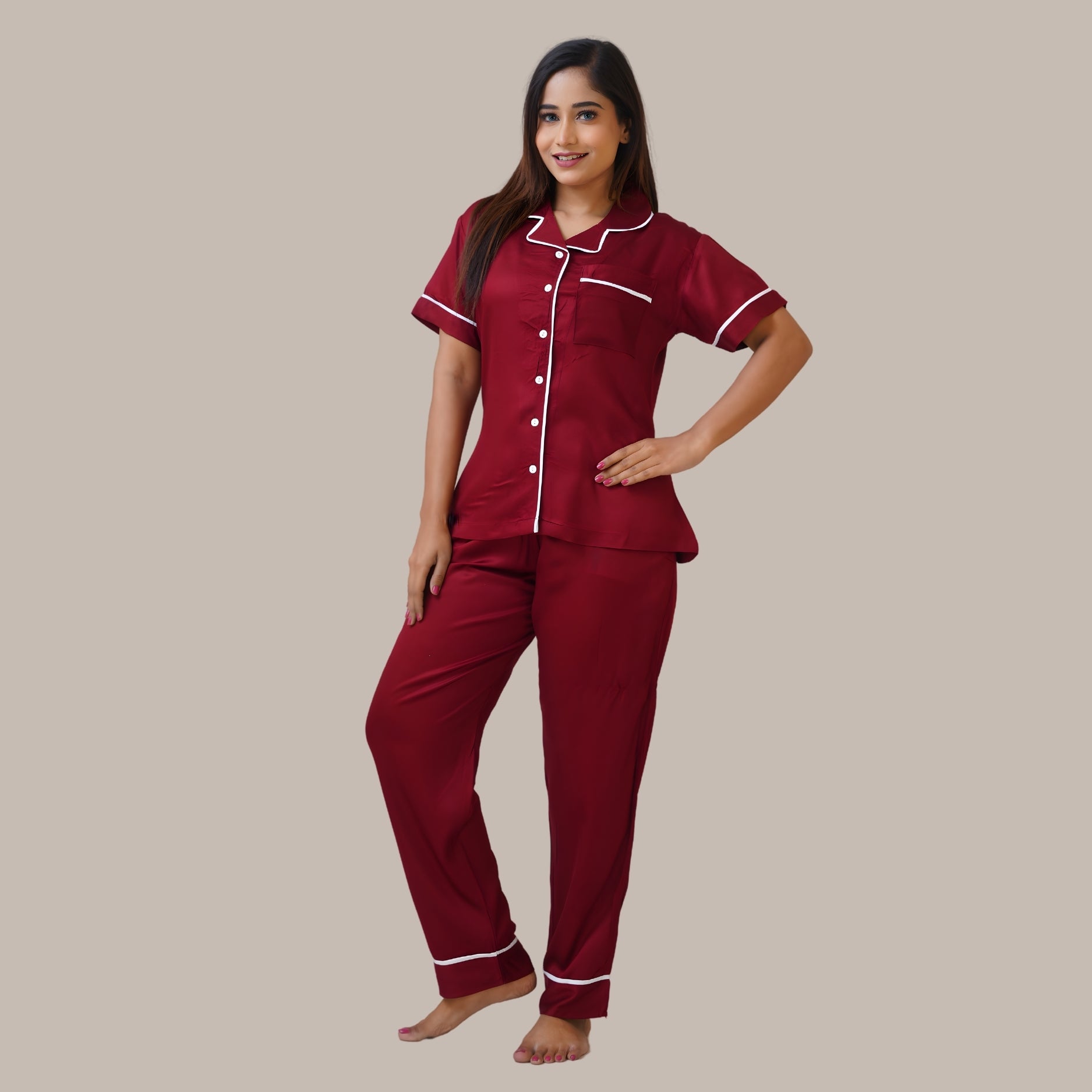 Bamboo Silk Luxe Night Suit | Crimson Red