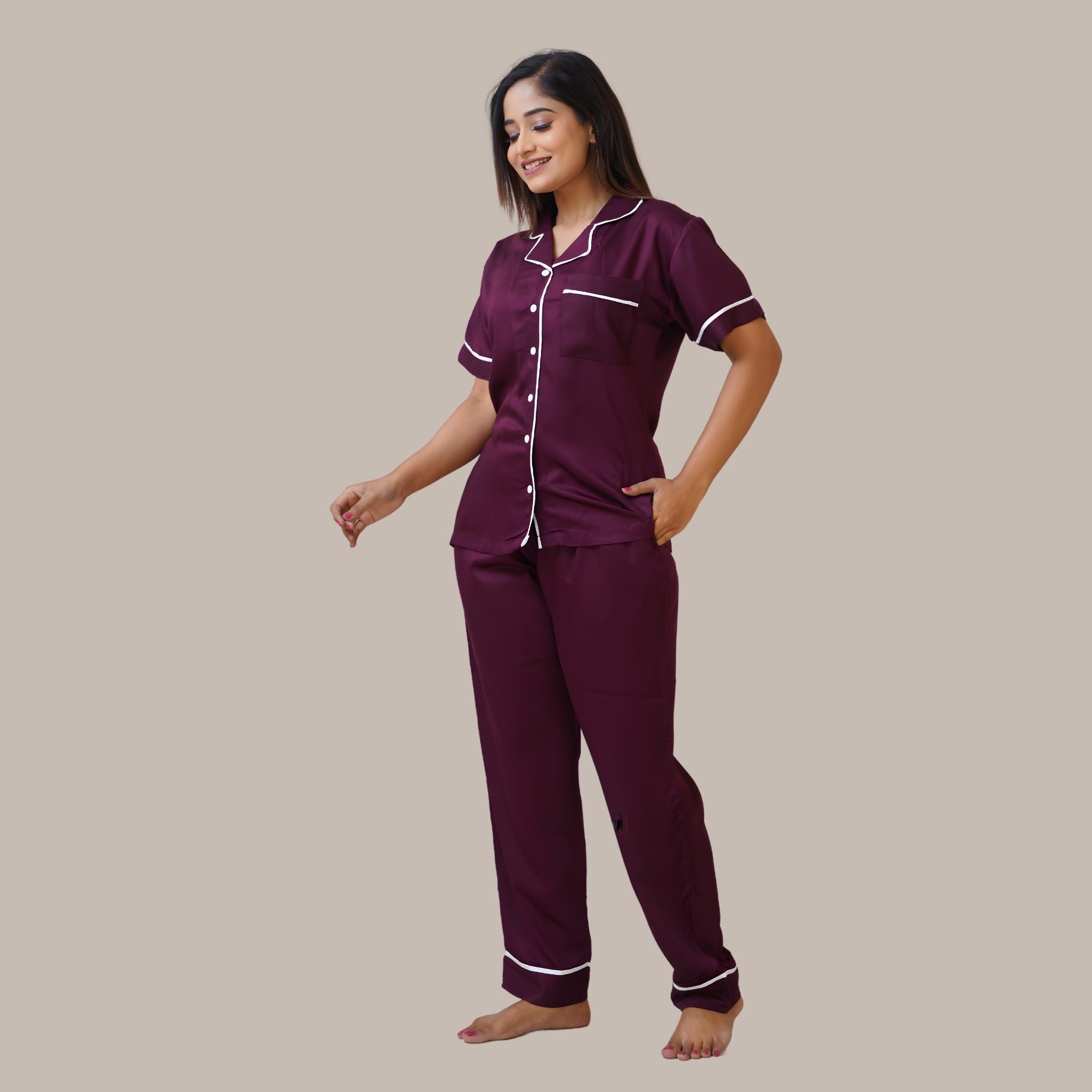 Bamboo Silk Luxe Night Suit | Velvet Wine