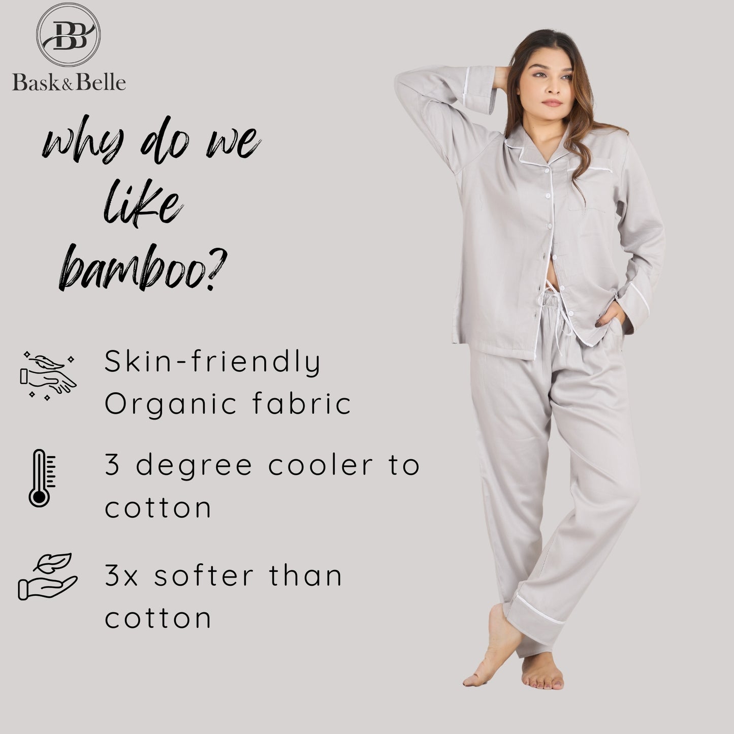 Premium Bamboo Sleepwear Set for Women | Soft, Lightweight Pajamas with Neem Finish | Gray