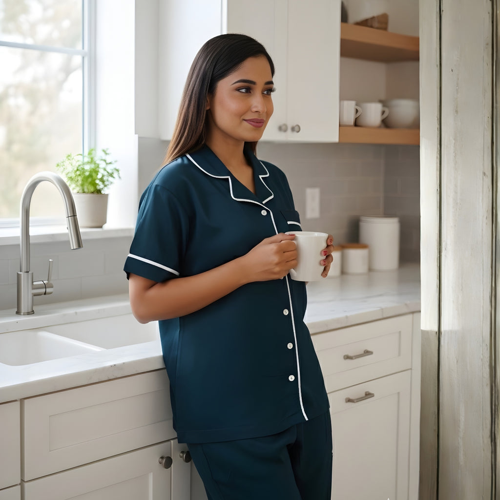 Bamboo Silk Luxe Night Suit | Cosy Teal