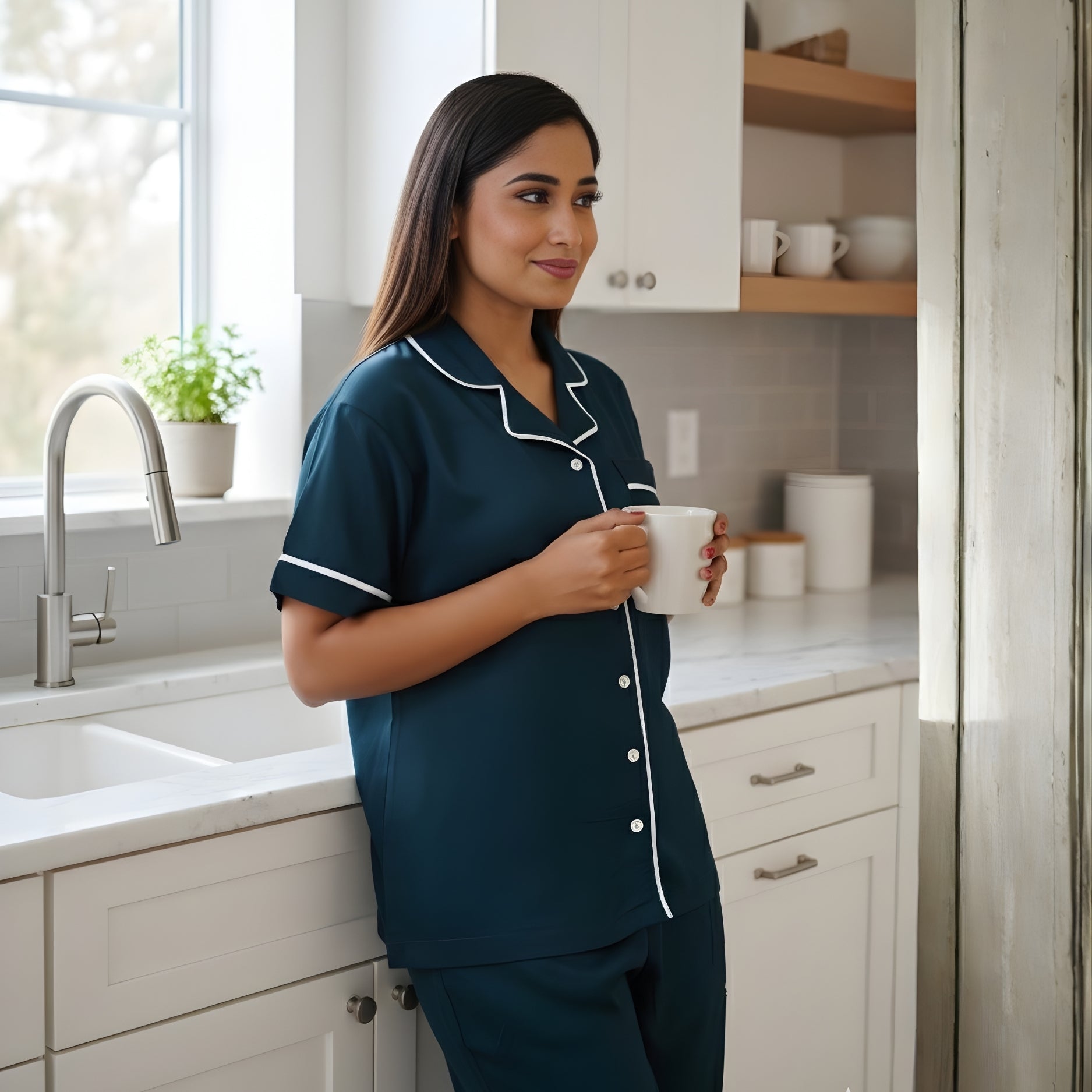 Bamboo Silk Luxe Night Suit | Cosy Teal