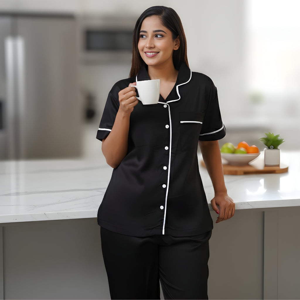 Bamboo Silk Luxe Night Suit | Midnight Black