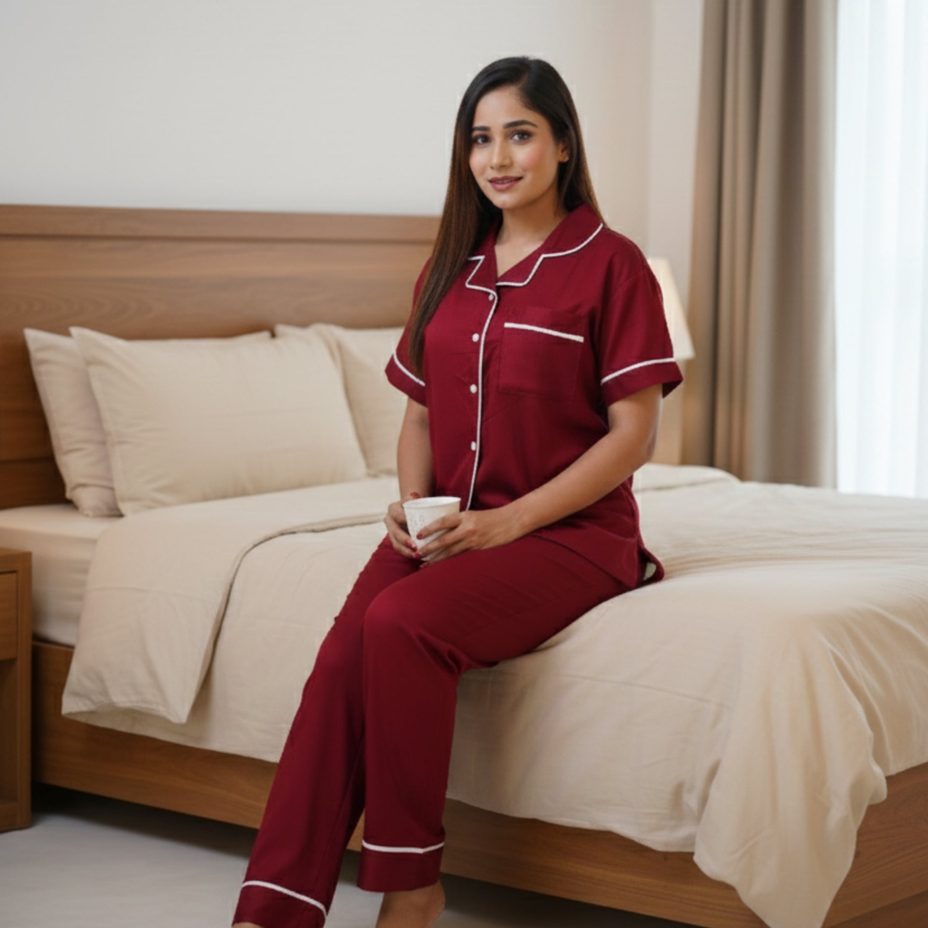 Bamboo Silk Luxe Night Suit | Crimson Red