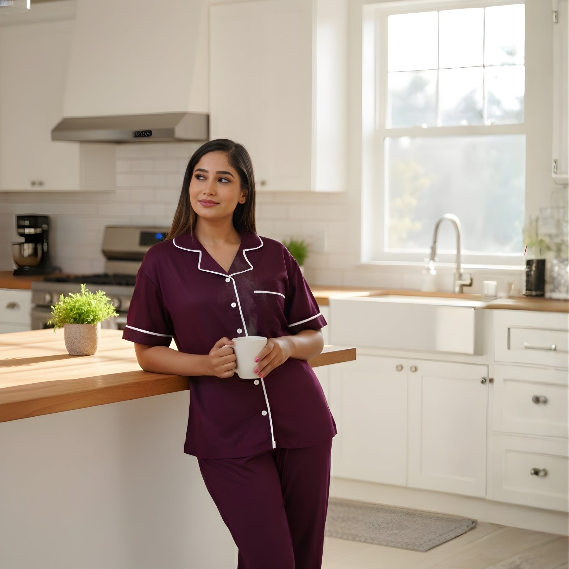 Bamboo Silk Luxe Night Suit | Velvet Wine