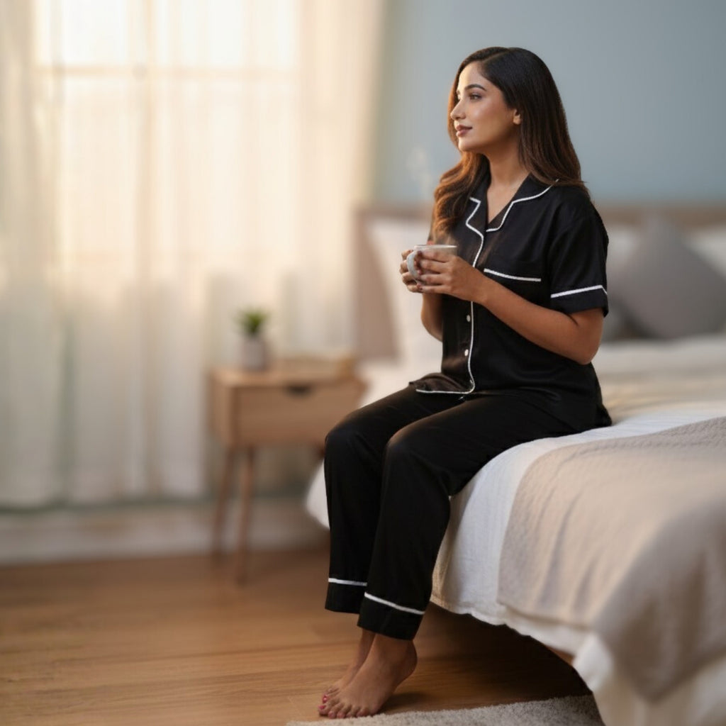 Bamboo Silk Luxe Night Suit | Midnight Black