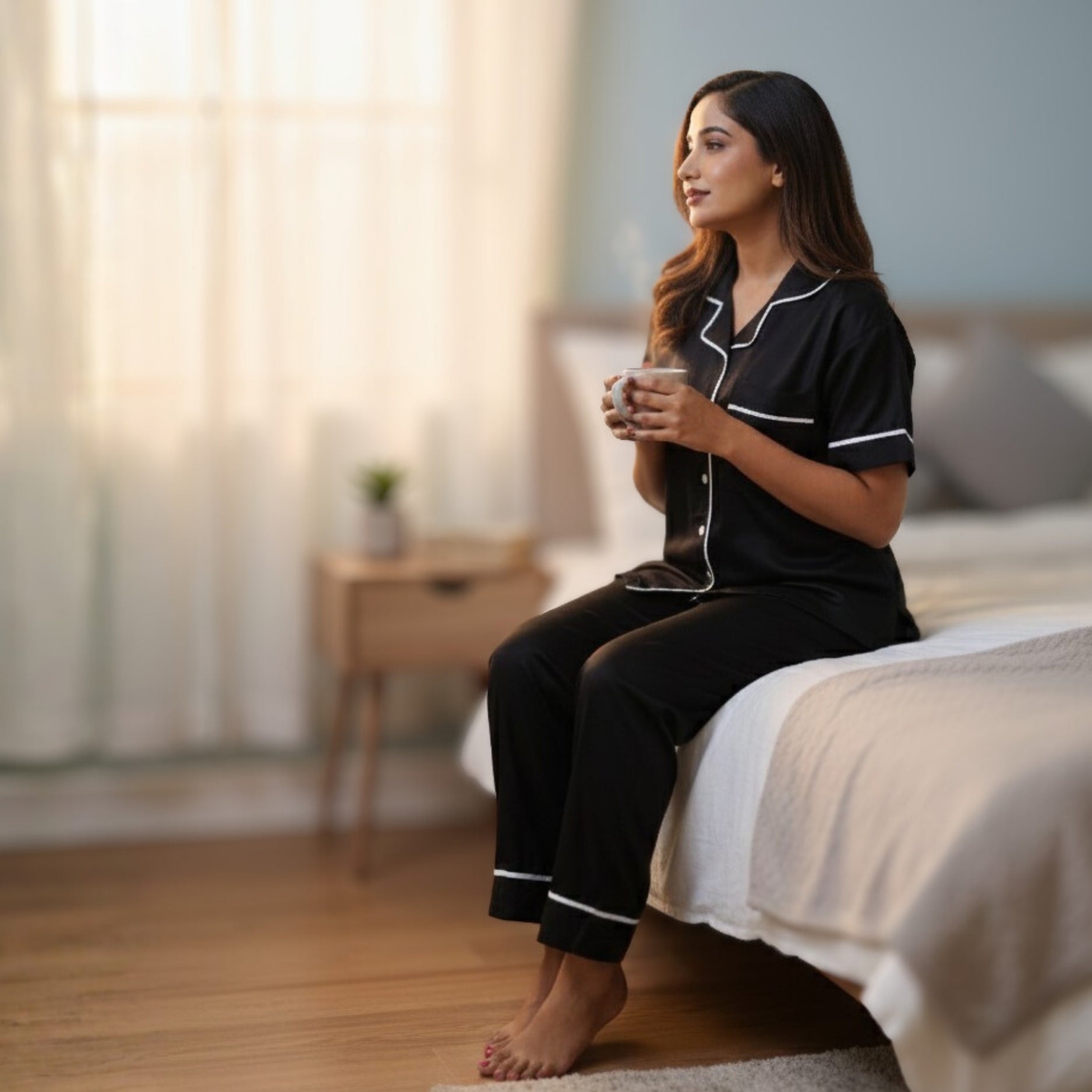 Bamboo Silk Luxe Night Suit | Midnight Black