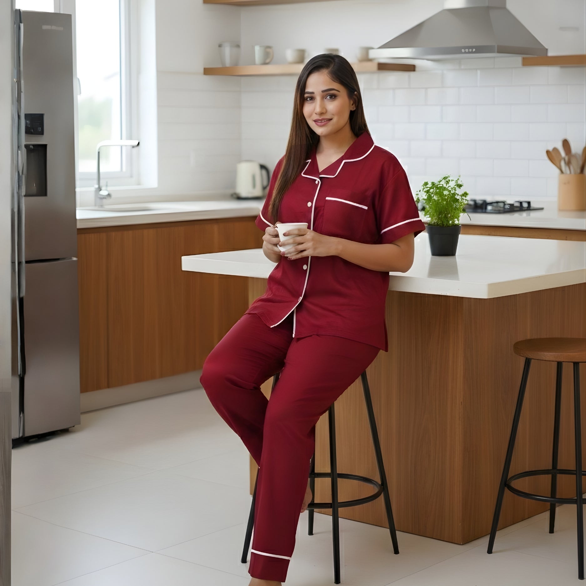 Bamboo Silk Luxe Night Suit | Crimson Red