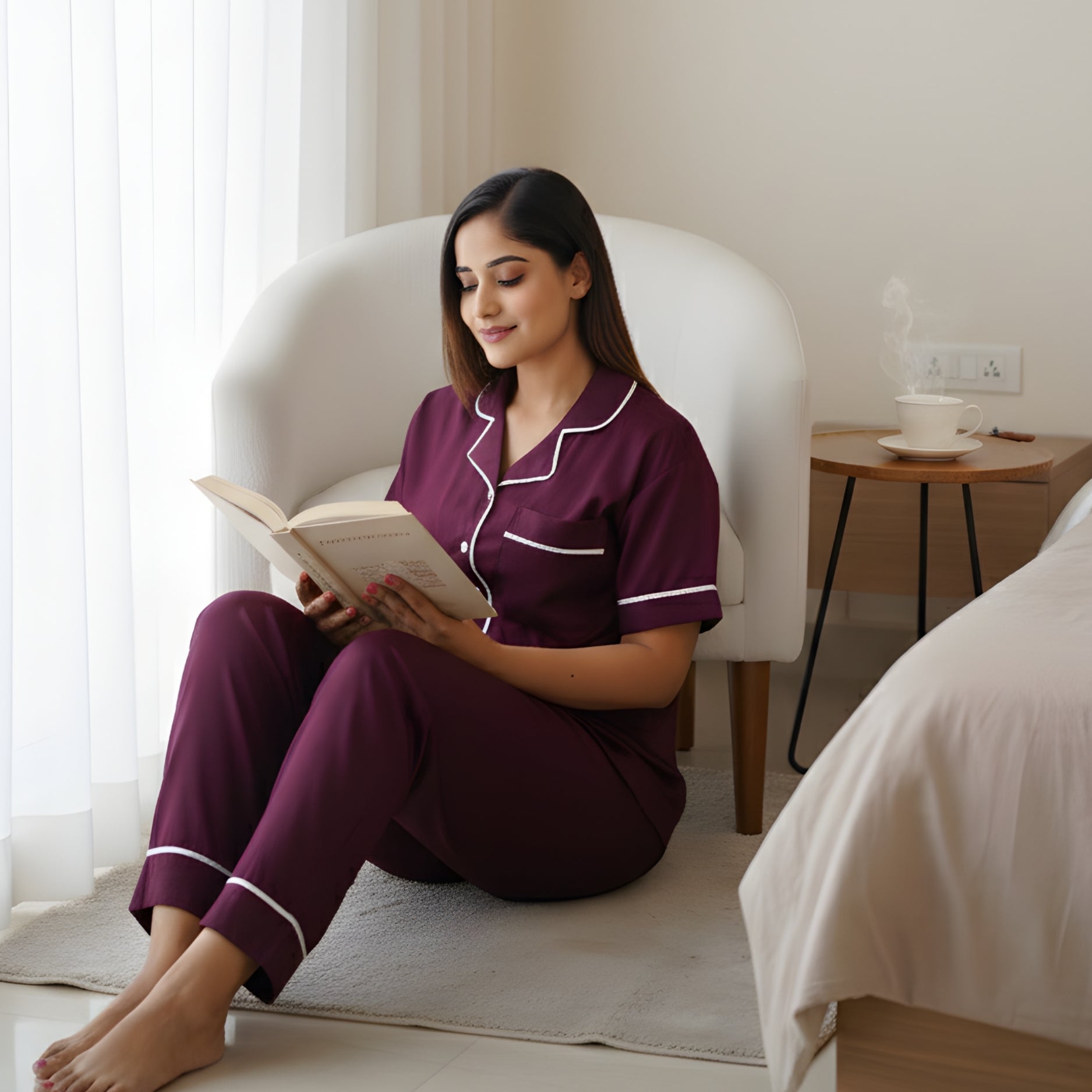 Bamboo Silk Luxe Night Suit | Velvet Wine