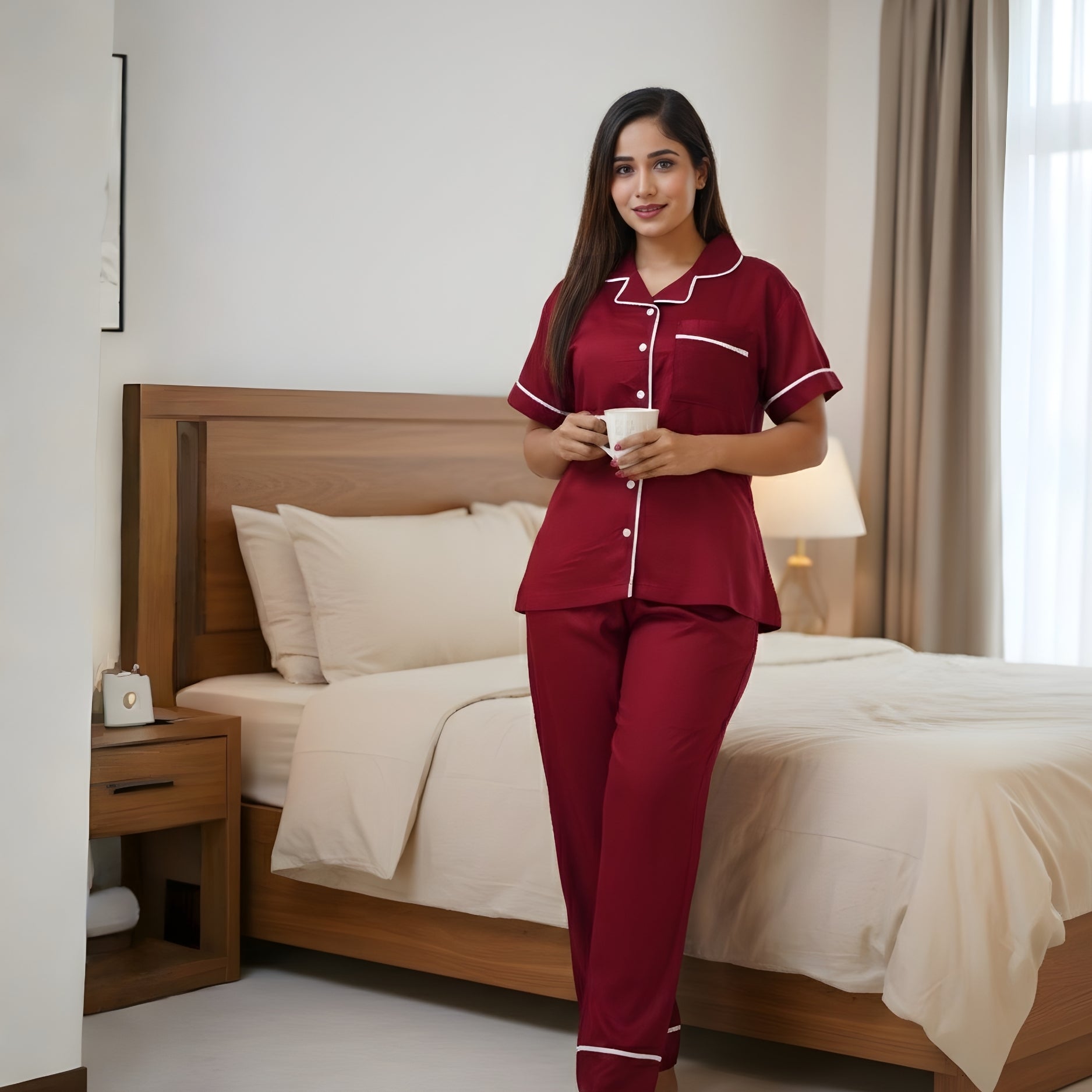 Bamboo Silk Luxe Night Suit | Crimson Red