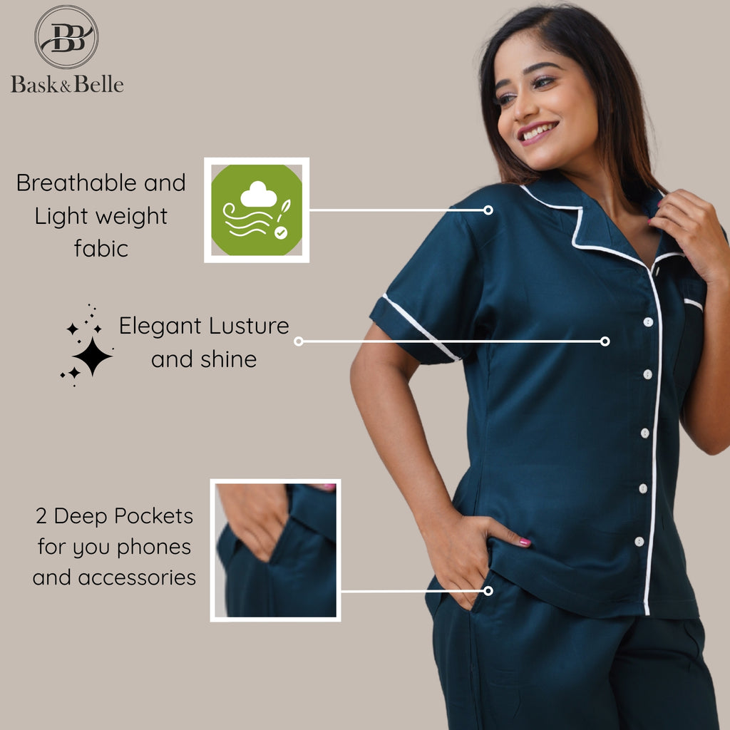Bamboo Silk Luxe Night Suit | Cosy Teal