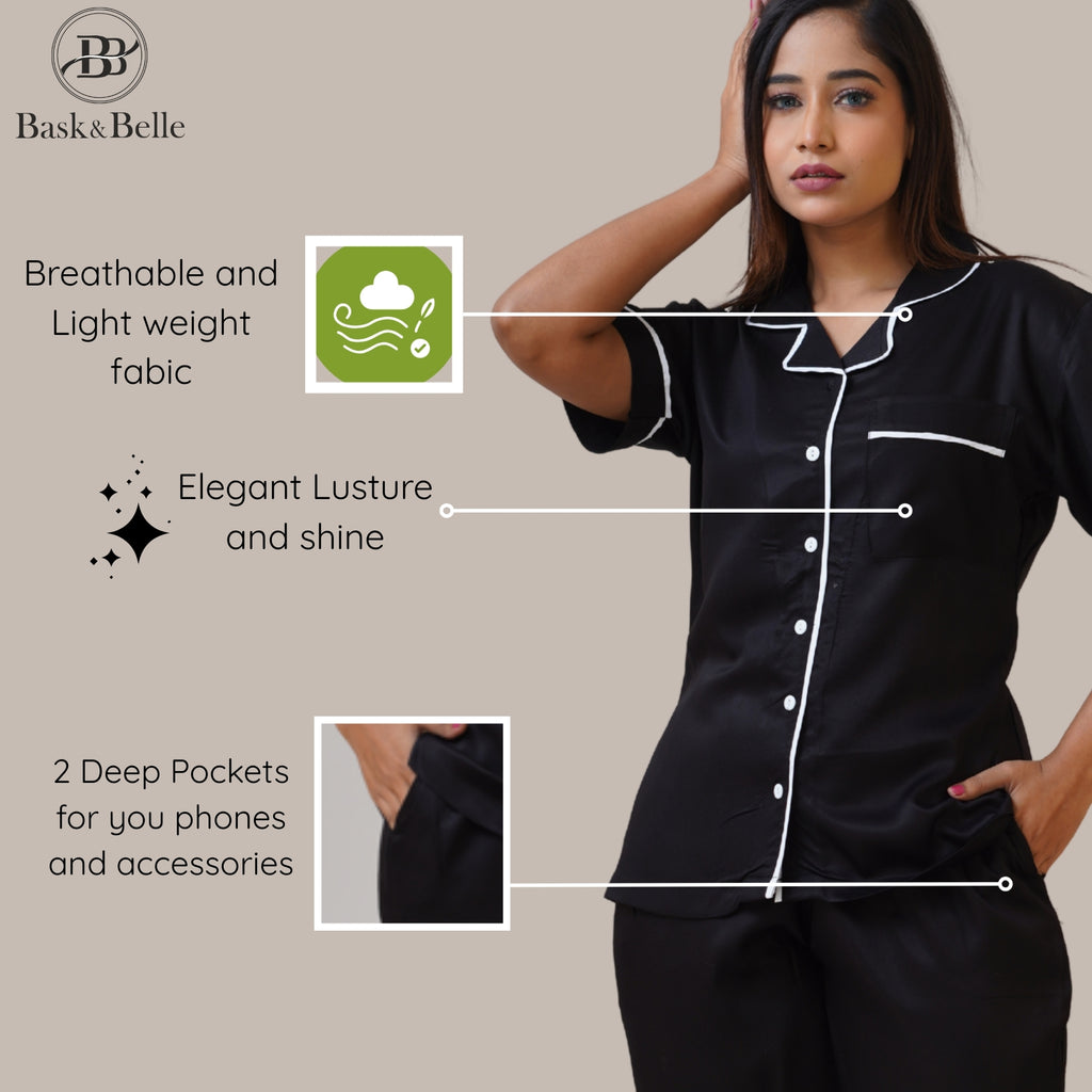 Bamboo Silk Luxe Night Suit | Midnight Black