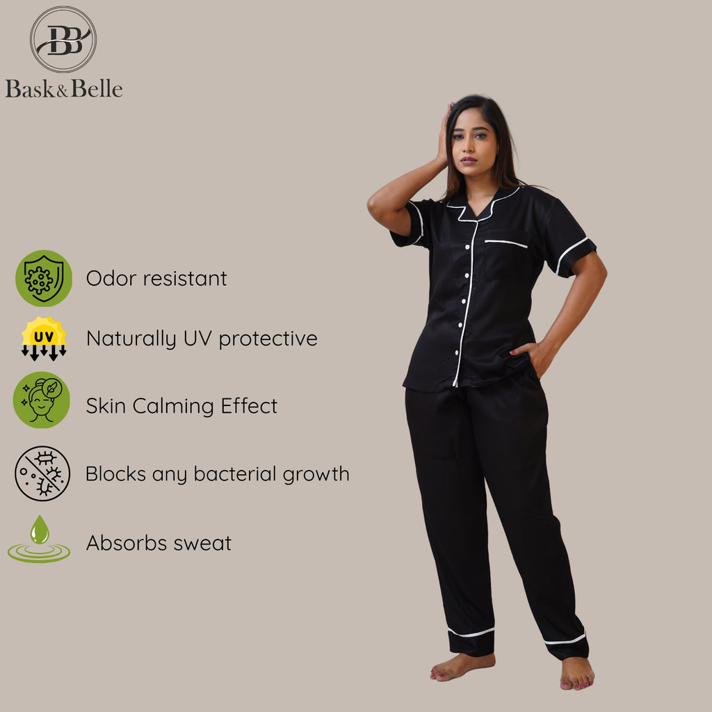 Bamboo Silk Luxe Night Suit | Midnight Black