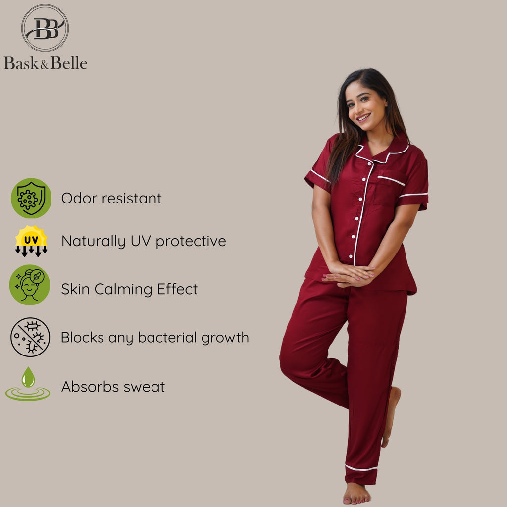 Bamboo Silk Luxe Night Suit | Crimson Red